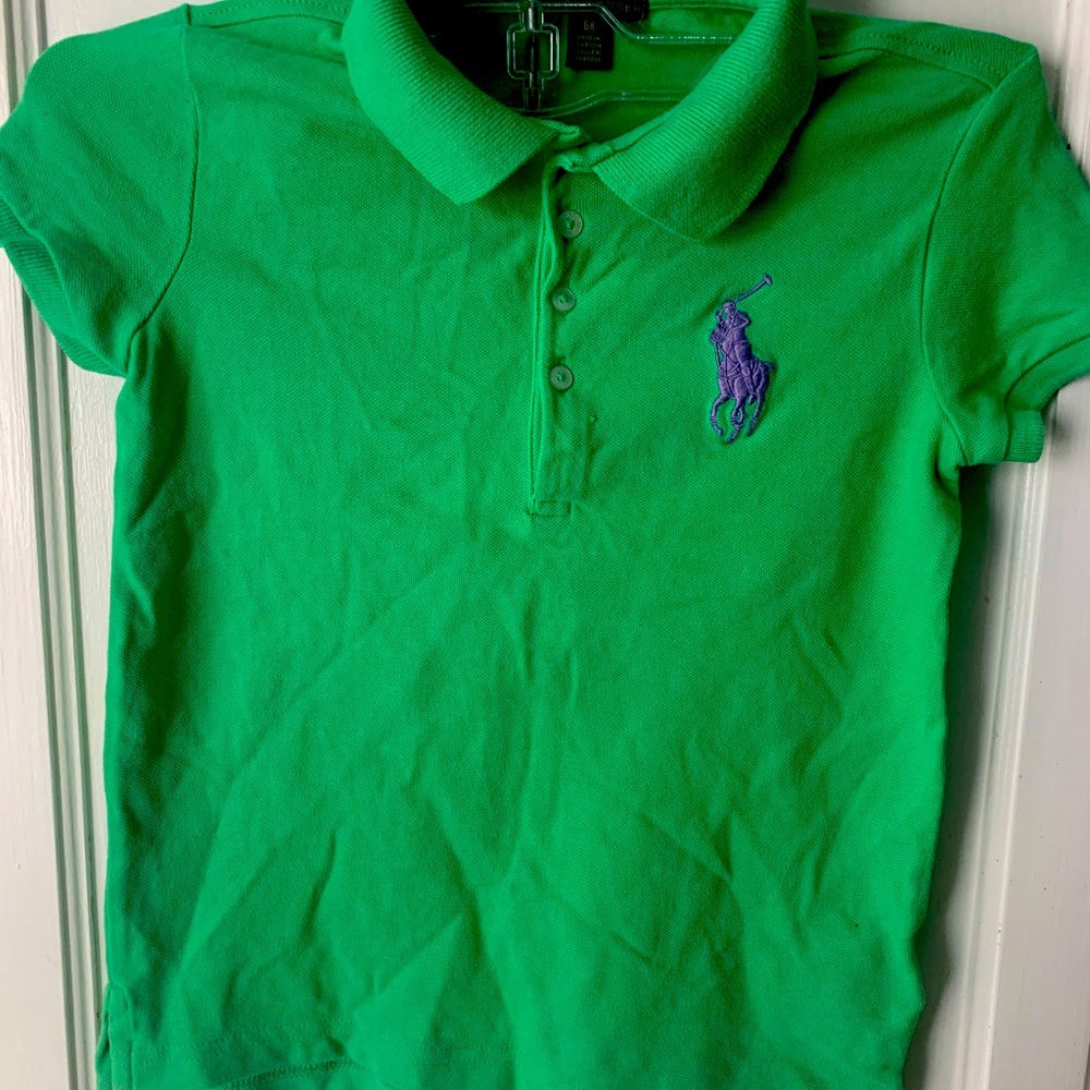 Ralph Lauren Polo girls size 6 green shirt w/purple pony; great condition.